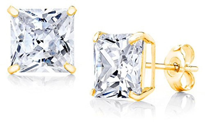 10k Yellow Gold Created  White Sapphire 1 Carat Square Stud Earrings Plated
