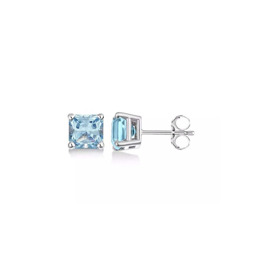 10k White Gold Plated 4 Ct Created Light Blue Sapphire Princess Cut Stud Earrings