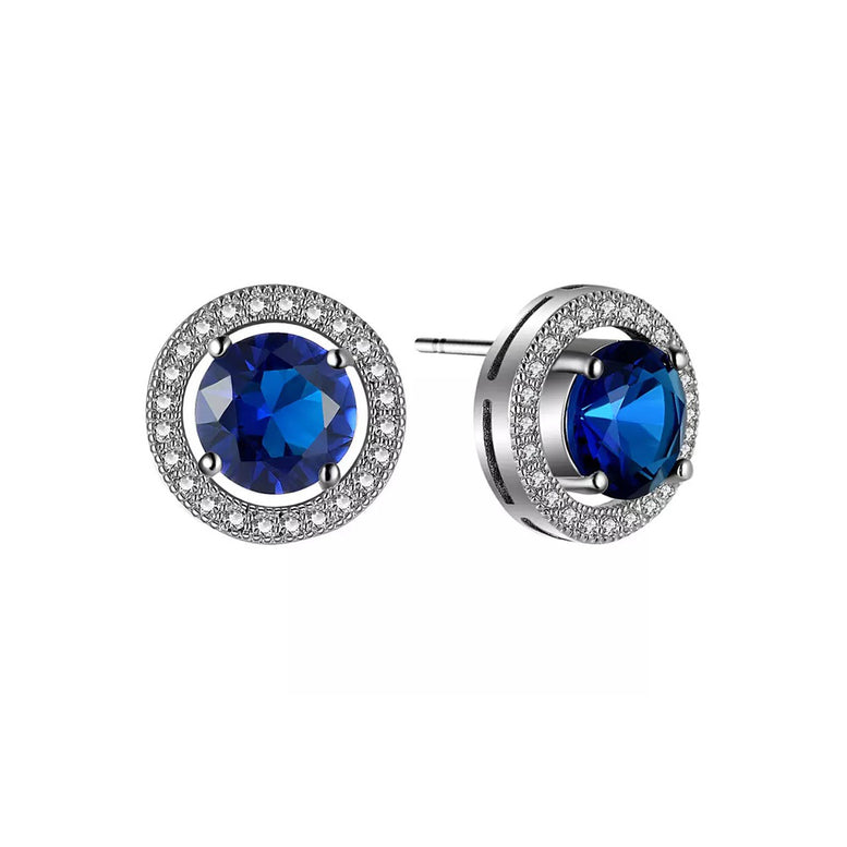 14k White Gold Plated 4 Ct Round Created Blue Crystal Halo Stud Earrings