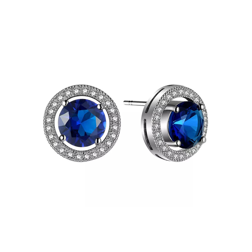 14k White Gold Plated 1/2 Ct Round Created Blue Crystal Halo Stud Earrings