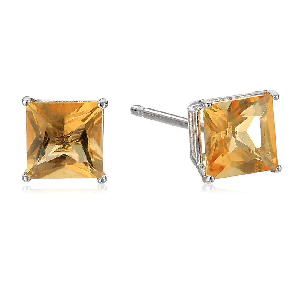 10k White Gold Plated 3 Carat Princess Cut Created Citrine Sapphire Stud Earrings