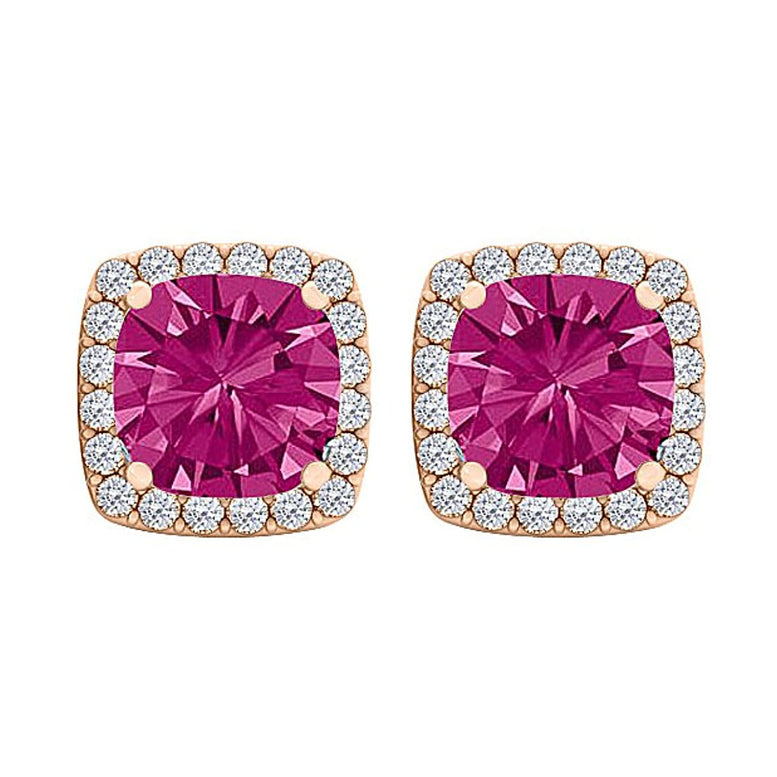 10k Rose Gold Plated 2 Carat Square Created Halo Pink Sapphire Stud Earrings