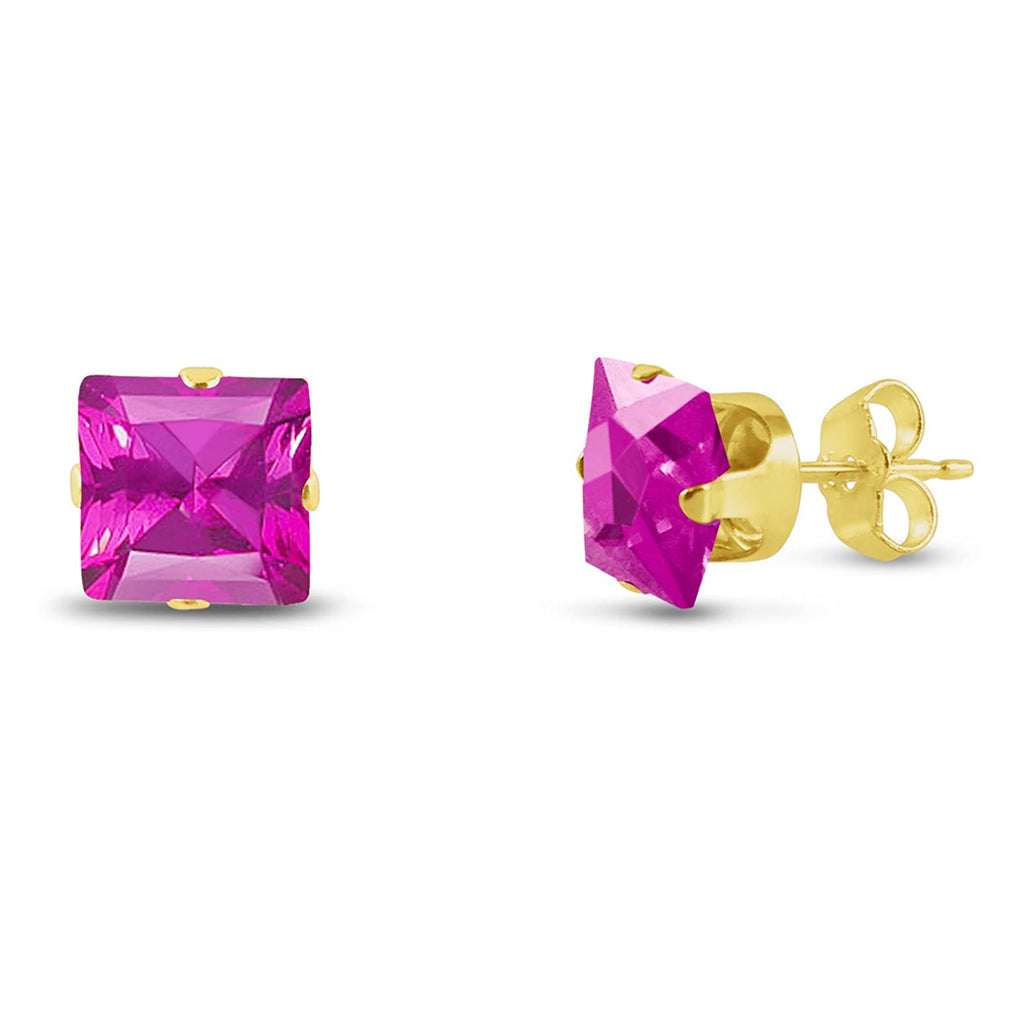 14k Yellow Gold Plated 3 Carat Square Created Pink Sapphire Stud Earrings