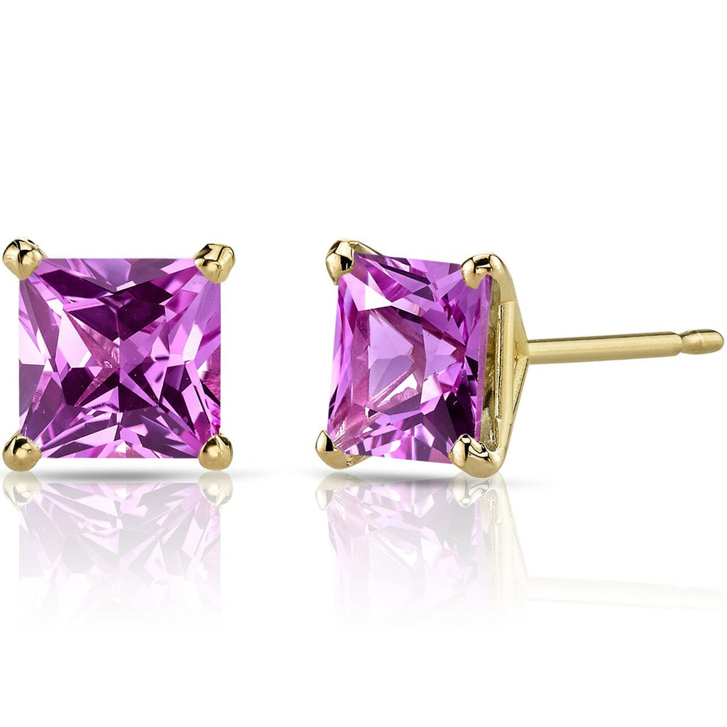 14k Yellow Gold Plated 1 Carat Princess Cut Created Pink Sapphire Stud Earrings