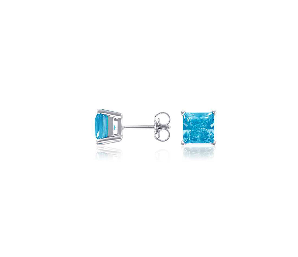 14k White Gold Plated 1/2 Carat Princess Cut Created Blue Topaz Sapphire Stud Earrings