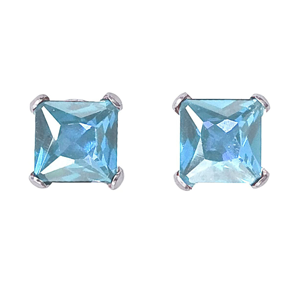 14k White Gold Plated 2 Carat Square Created Aquamarine Sapphire Stud Earrings
