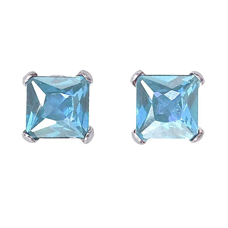 10k White Gold Plated 1 Carat Square Created Aquamarine Sapphire Stud Earrings