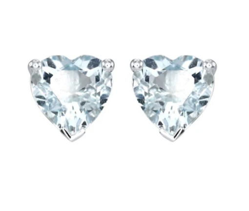 10k White Gold Plated 4 Carat Heart Created Aquamarine Sapphire Stud Earrings