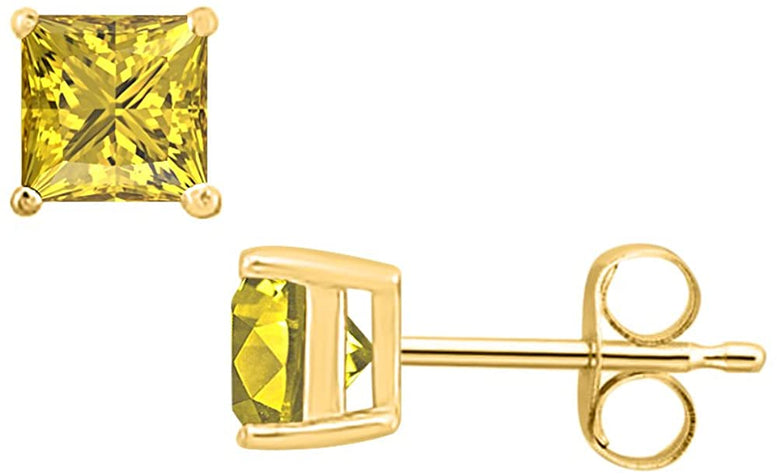 14k Yellow Gold Plated 2 Carat Princess Cut Created Yellow Sapphire Stud Earrings