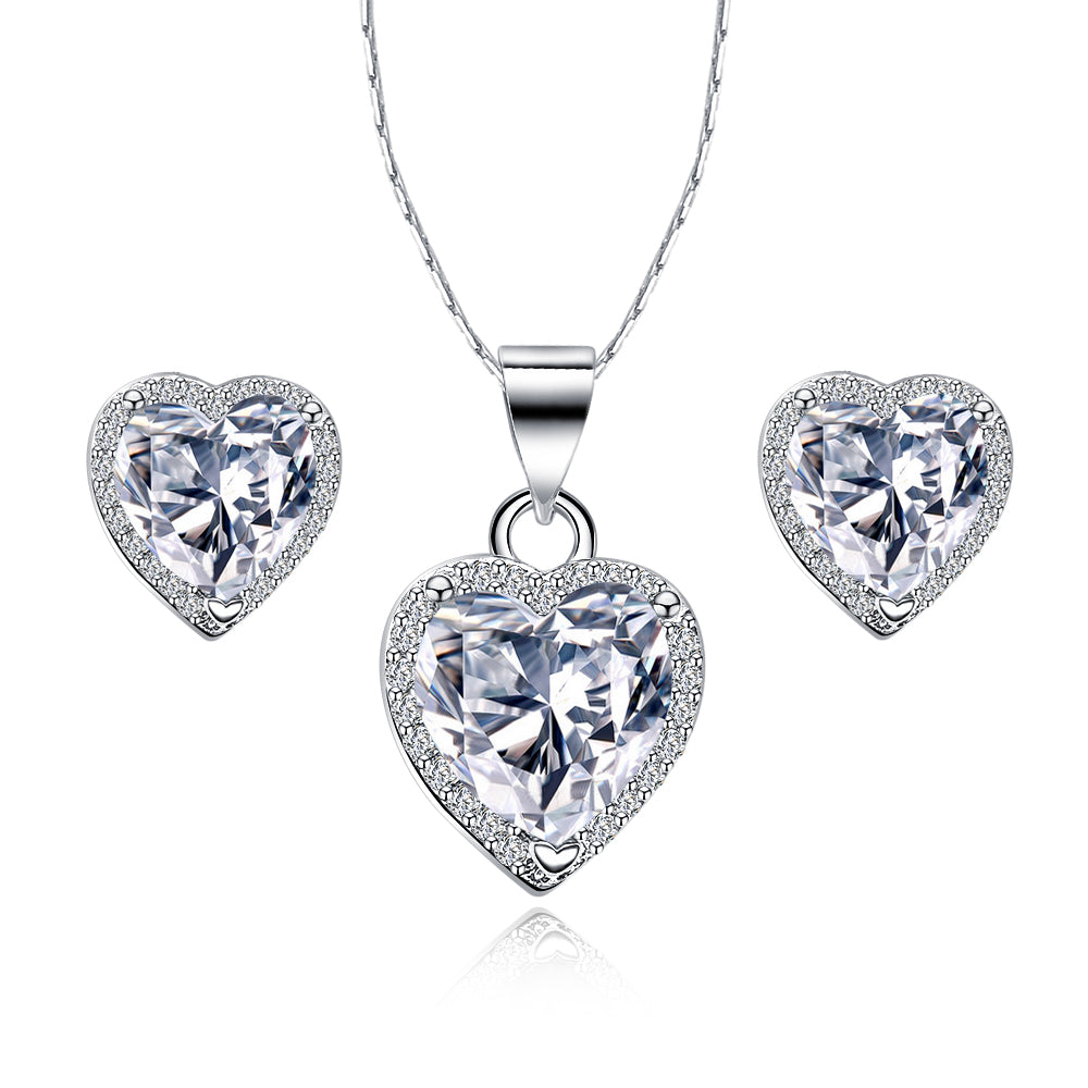 Paris Jewelry 18k White Gold Plated Heart 4 Carat Created White Sapphire Full Set Necklace, Earrings 18 Inch