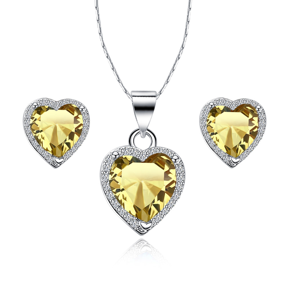 Paris Jewelry 18k White Gold Plated Heart 4 Carat Created Citrine Full Set Necklace, Earrings 18 Inch