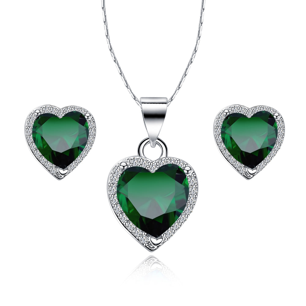 18k White Gold Plated Heart 3 Carat Created Emerald Full Set Necklace 18 inch