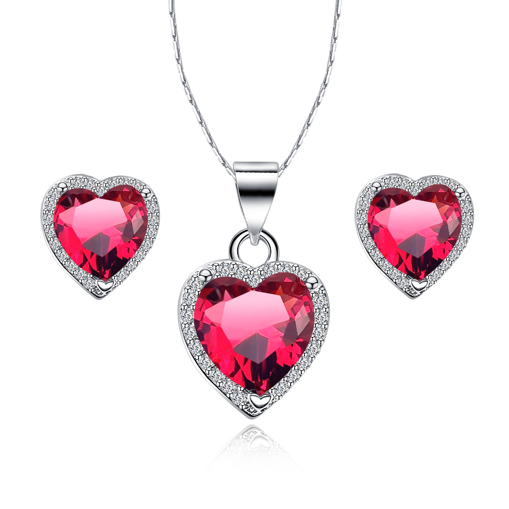 18k White Gold Plated Heart 2 Carat Created Ruby Full Set Necklace 18 inch