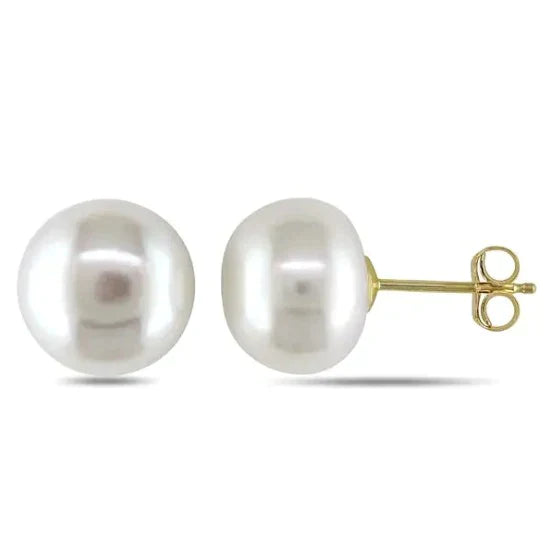 14K Yellow Gold 10mm White Pearl Round Stud Earrings