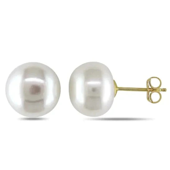 18K Yellow Gold 4mm White Pearl Round Stud Earrings Plated