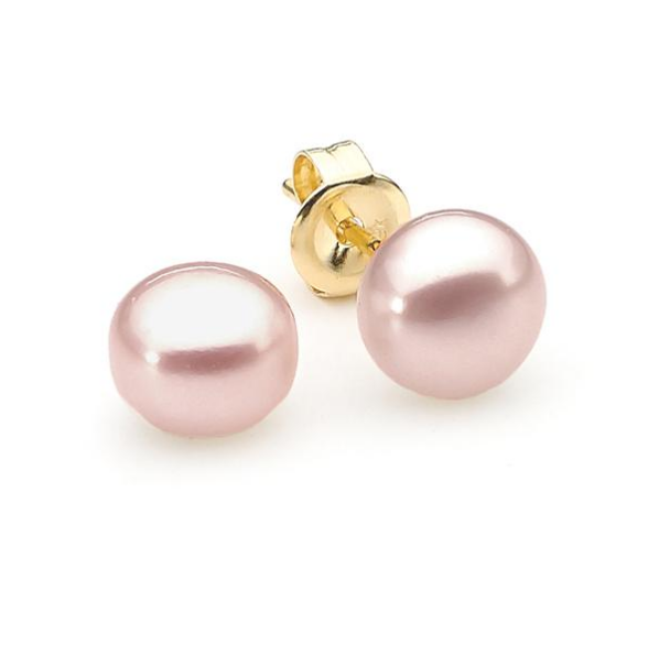 10K Yellow Gold Plated 10mm Pink Pearl Button Stud Earrings