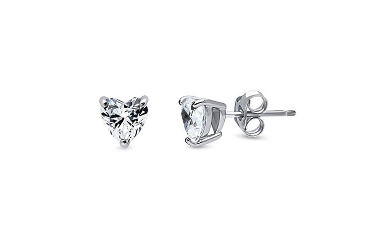 Rhodium Plated 6mm Heart Cubic Zirconia Stud Earrings