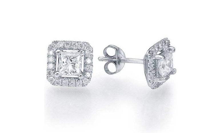 Platinum Plated Princess Cubic Zirconia Halo Stud Earrings