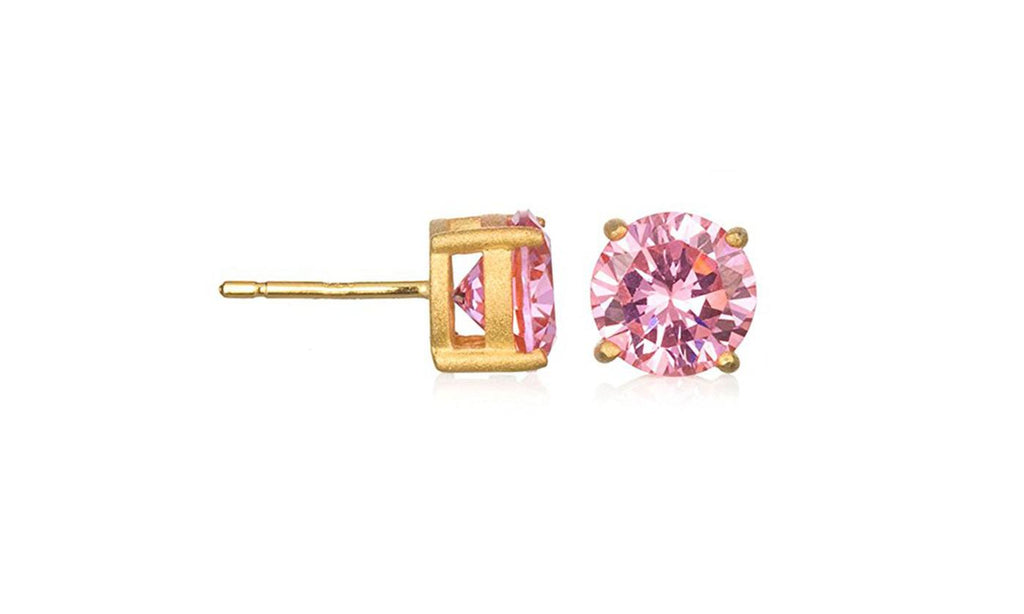 Yellow Gold Plated 8MM Round Pink CZ Stud Earrings