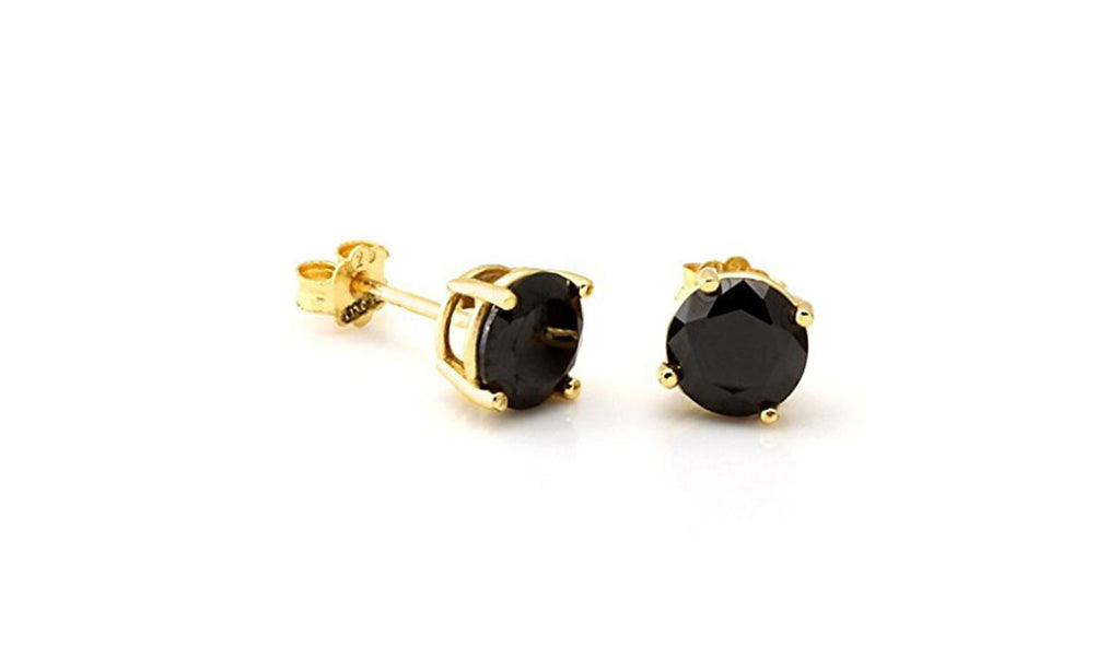 Yellow Gold Plated Round Black Simulated CZ Stud Earrings