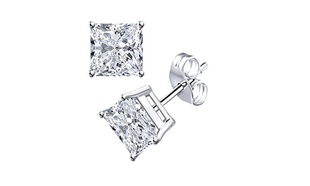 14k White Gold Plated Created White Sapphire Princess Stud Earrings