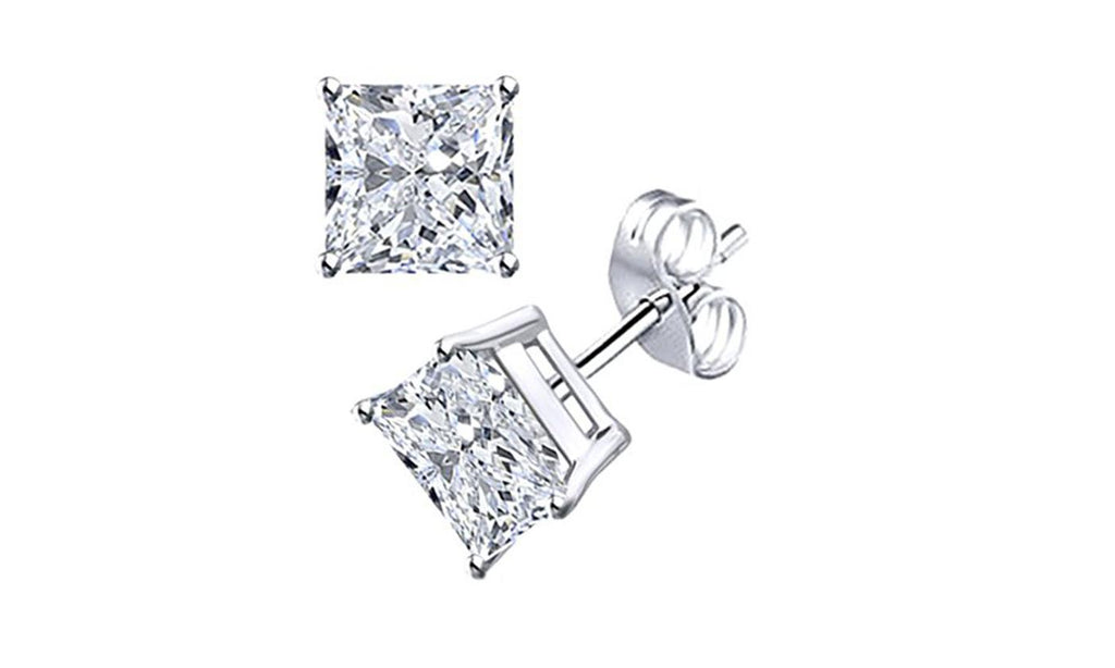 14k White Gold Plated Created White Sapphire Princess Stud Earrings