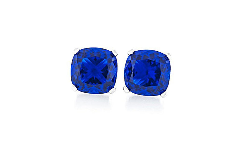 Rhodium Plated 4 Ct Cushion Cut 7x7mm Blue Stud Earrings
