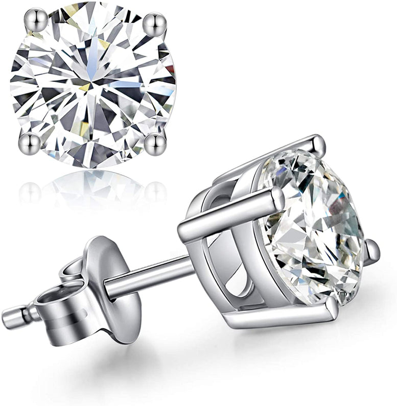 14k White Gold Over Silver 8mm Round Cut Created White Diamond CZ Stud Earrings Gold Plated