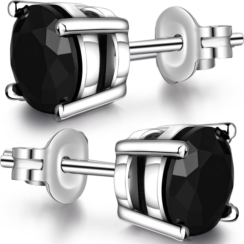 14k White Gold plated 8mm Round Cut Created Black Diamond CZ Stud Earrings