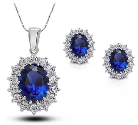 18K White Gold Created Blue Sapphire Round 6CT CZ Oval Necklace 18 inch Plated