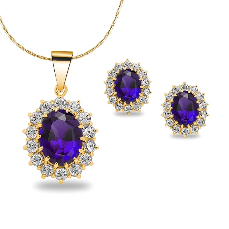 18K Yellow Gold Created Amethyst Round 2 Carat Oval Necklace Plated 18 inch