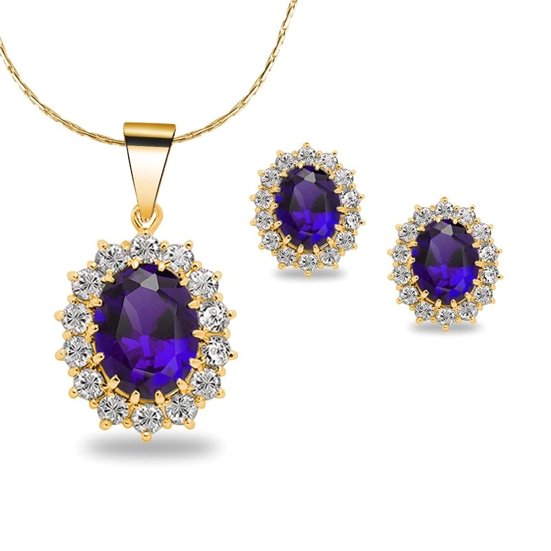18K Yellow Gold Created Amethyst  Round 1/2 Carat Oval Necklace Plated 18 inch