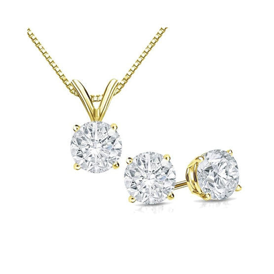 18K Yellow Gold Round 2ct White Sapphire Round 18 Inch Necklace and Earrings Set Plated
