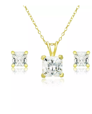 18K Yellow Gold 3ct White Sapphire Square 18 Inch Necklace and Earrings Set Plated