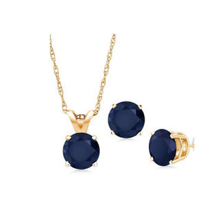 18K Yellow Gold 2ct Blue Sapphire Round 18 Inch Necklace and Earrings Set Plated
