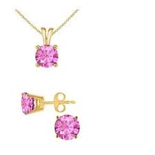 18K Yellow Gold 4ct Pink Sapphire Round 18 Inch Necklace and Earrings Set Plated