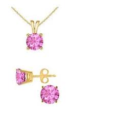 18K Yellow Gold 3ct Pink Sapphire Round 18 Inch Necklace and Earrings Set Plated