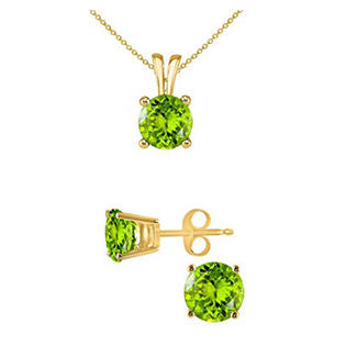 18K Yellow Gold 2ct Peridot Round 18 Inch Necklace and Earrings Set Plated