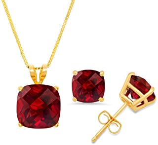 18K Yellow Gold 4ct Garnet Square 18 Inch Necklace and Earrings Set Plated