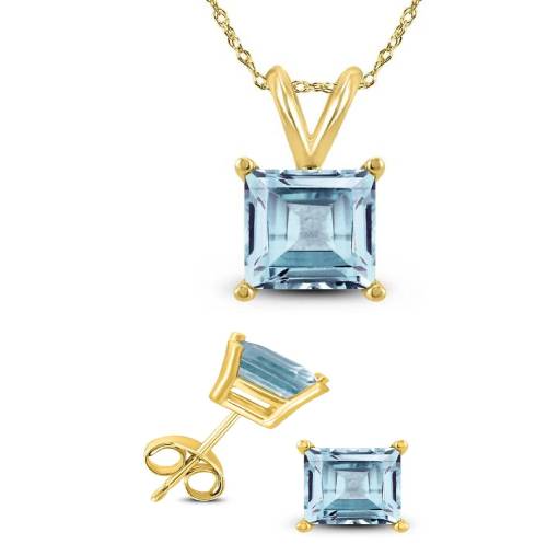 18K Yellow Gold 1/2ct Aquamarine Square 18 Inch Necklace and Earrings Set Plated