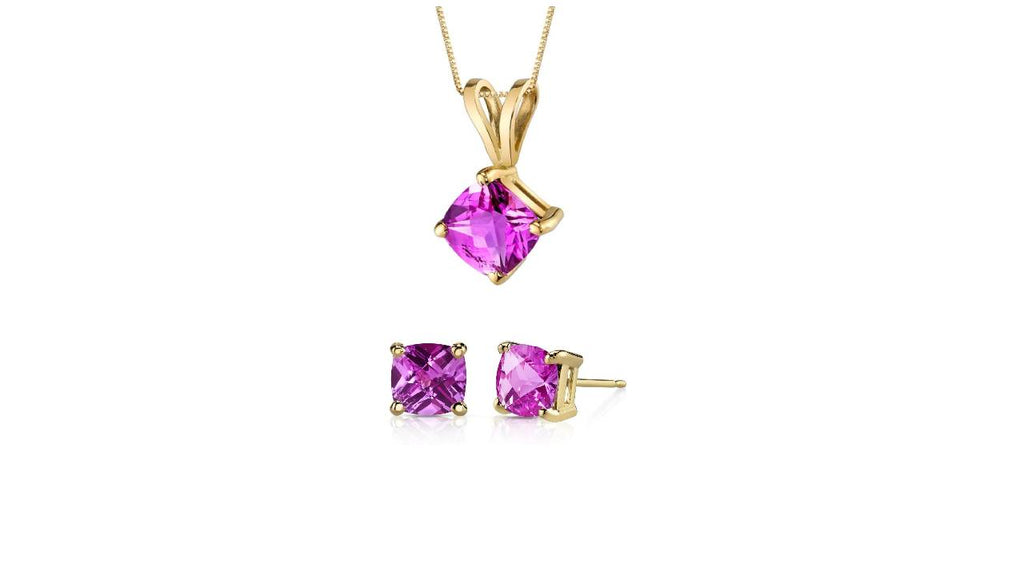 18K Yellow Gold 3ct Pink sapphire Square 18 Inch Necklace and Earrings Set Plated