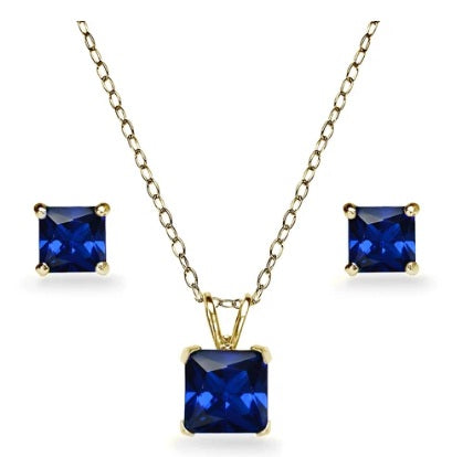 18K Yellow Gold 3ct Tanzanite Square 18 Inch Necklace and Earrings Set Plated