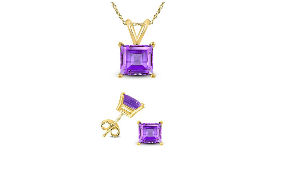 18K Yellow Gold 2ct Amethyst Square 18 Inch Necklace and Earrings Set Plated