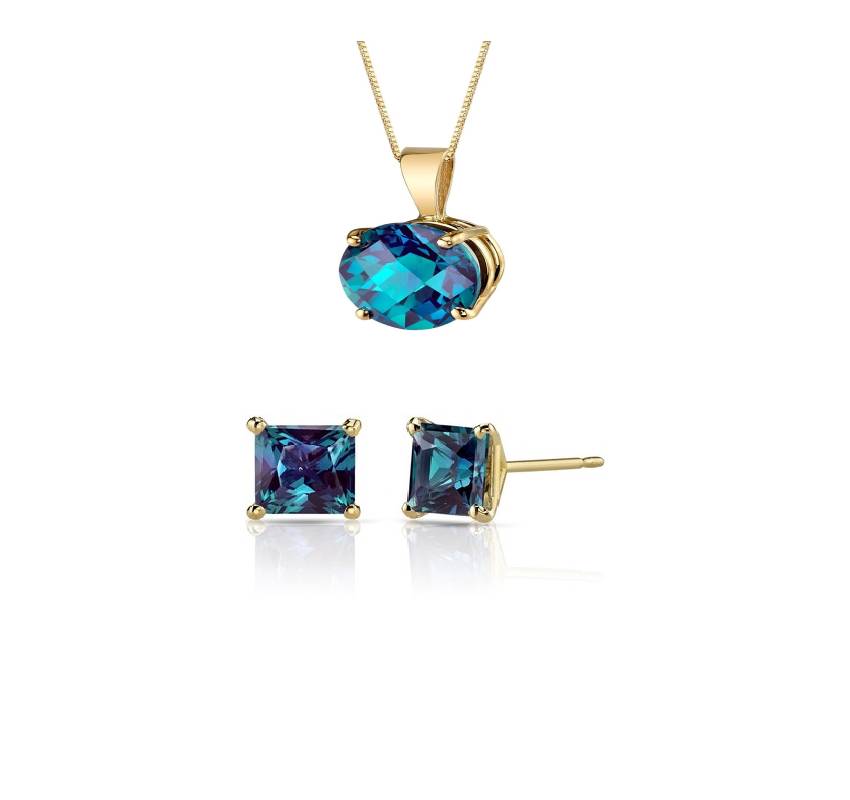 18K Yellow Gold 1/2ct Alexandrite Round 18 Inch Necklace and Square Earrings Set Plated