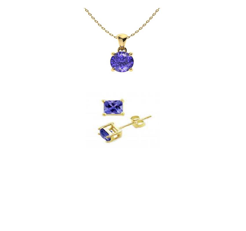 18K Yellow Gold 2ct Tanzanite Round 18 Inch Necklace and Square Earrings Set Plated