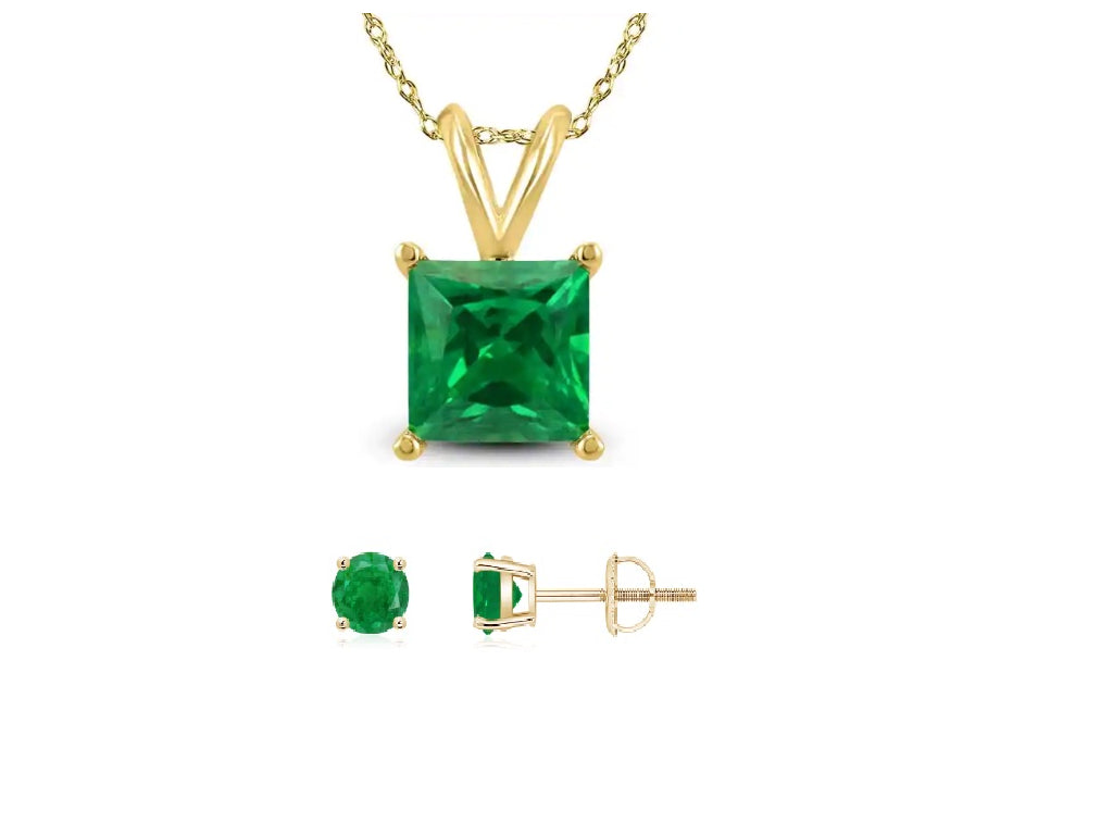 18K Yellow Gold 4ct Emerald Square 18 Inch Necklace and Round Earrings Set Plated