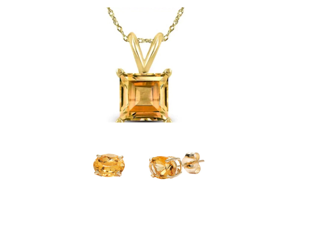 18K Yellow Gold 1ct Citrine Square 18 Inch Necklace and Round Earrings Set Plated