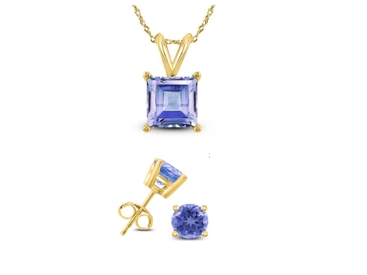 18K Yellow Gold 2ct Tanzanite Square 18 Inch Necklace and Round Earrings Set Plated