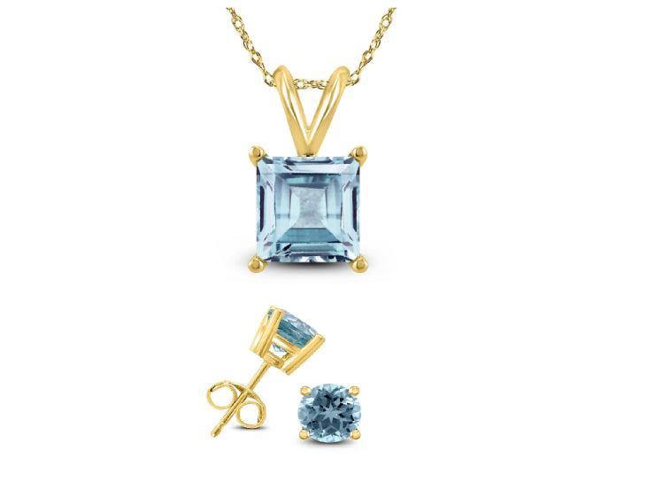 18K Yellow Gold 2ct Aquamarine Square 18 Inch Necklace and Round Earrings Set Plated