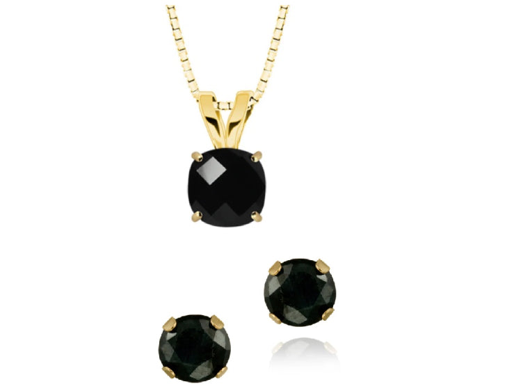 18K Yellow Gold 4ct Black Sapphire Square 18 Inch Necklace and Round Earrings Set Plated